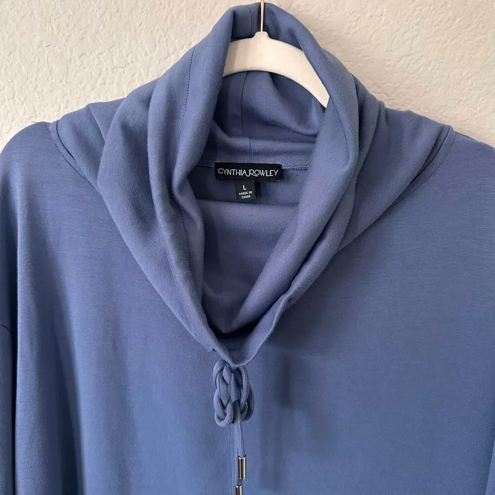 Cynthia Rowley Cowl Neck Lace-Up Knit Dress Slate Blue Large Loungewear Cozy - Picture 3 of 8